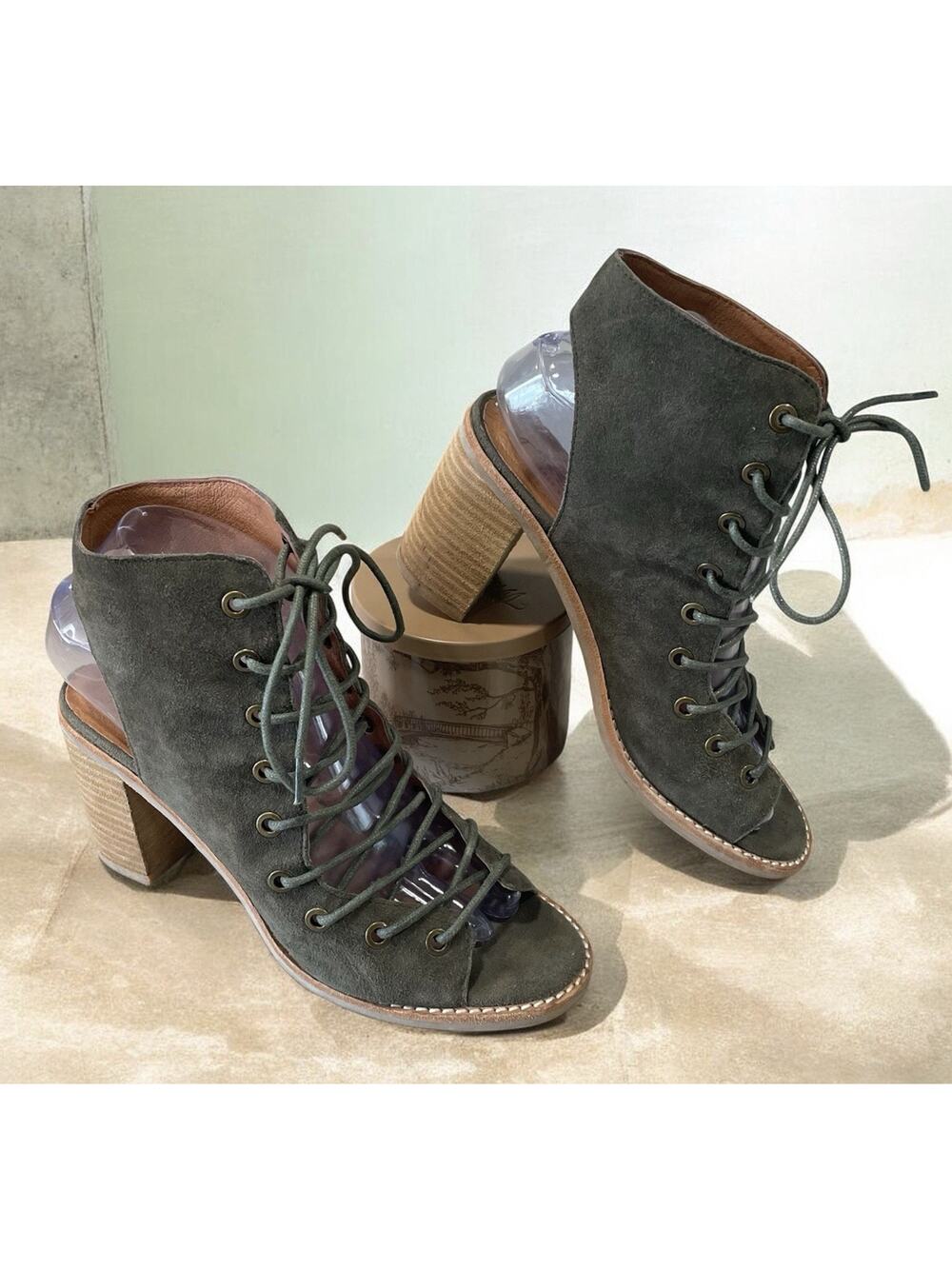 Free People Jeffrey Campbell Lace Up Open Heels Booties Green Suede Women's Sz-7